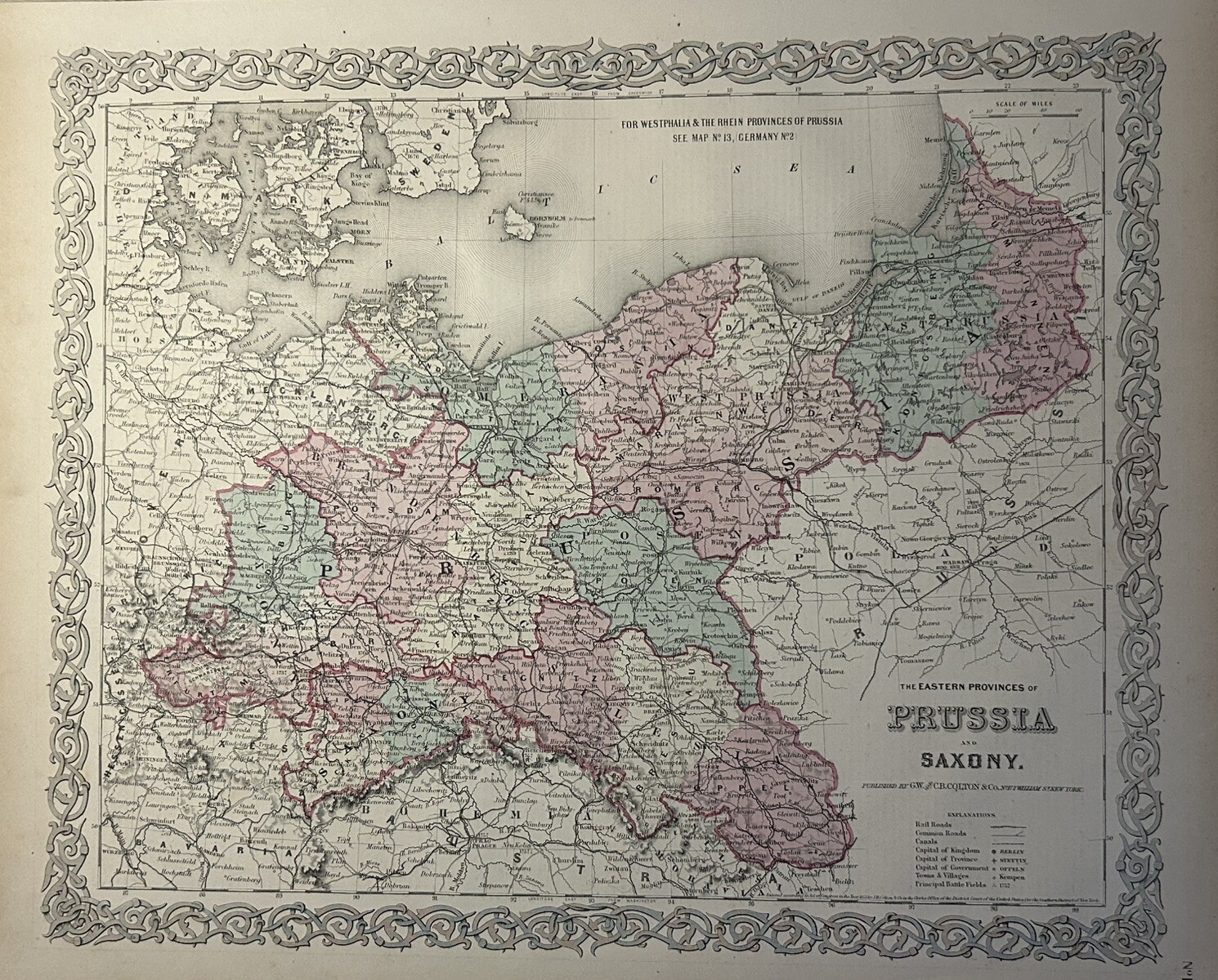 1870 Colton’s Prussia & Saxony Hand Coloured Original Antique Map