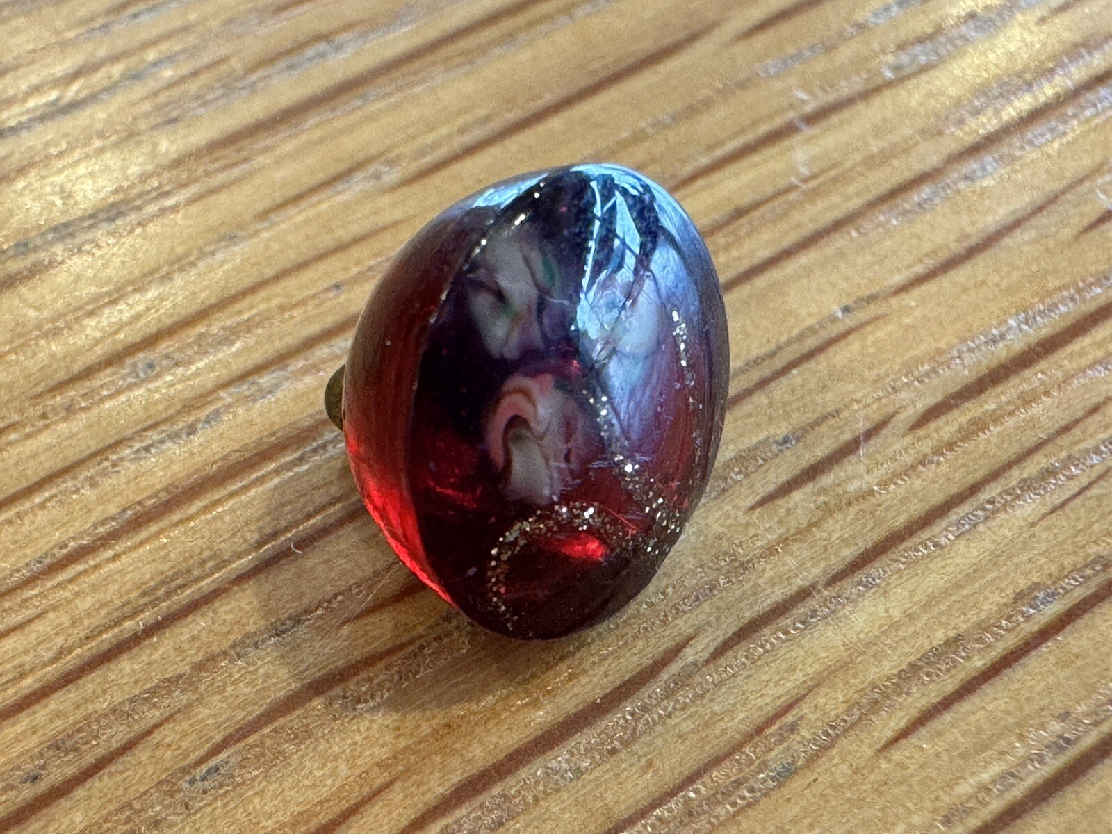 Vintage Glass Dome Shank Button Dark Red With Flower Design C194