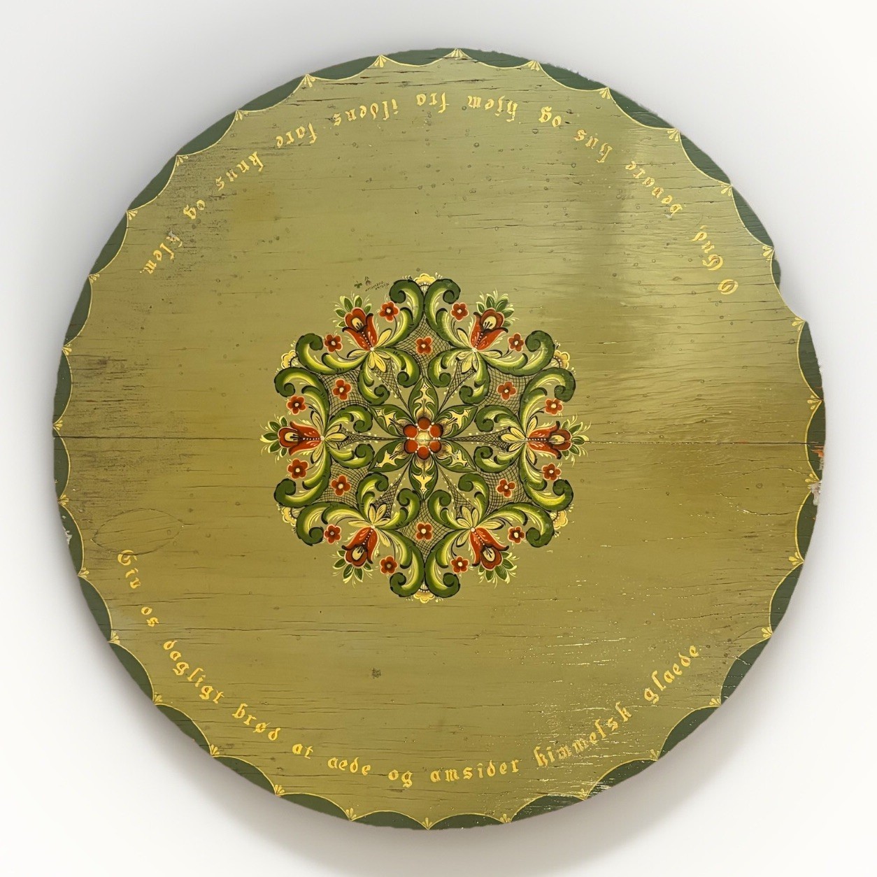 Scandinavian Hand Painted Rosemaling Table Top w/ Prayer, 33.5” Danish Folk Art