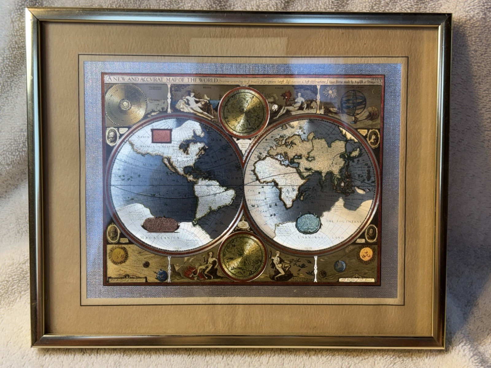 VTG-A New & Accvrat Silver & Gold Foil Rendition Of The World 1626. Gold Frame
