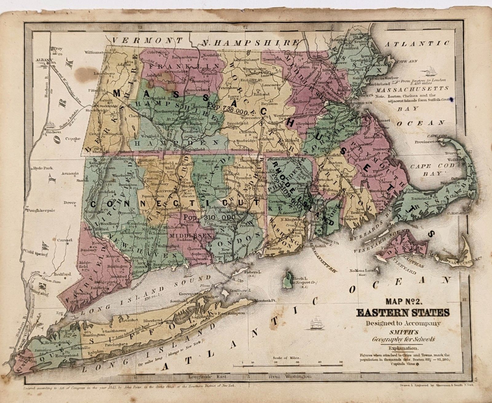 1844 MASSACHUSETTS – CONNECTICUT – RHODE ISLAND – LONG ISLAND Map ORIGINAL