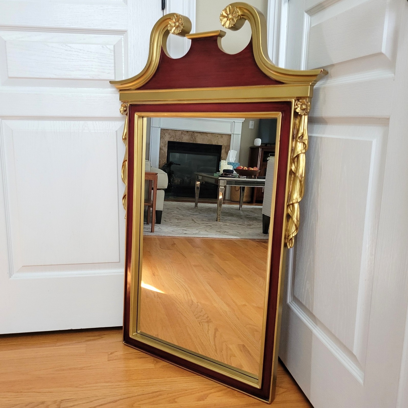 Vintage Federal/Chippendale Style Red & Gold Mirror Rosettes & Carved Fretwork!