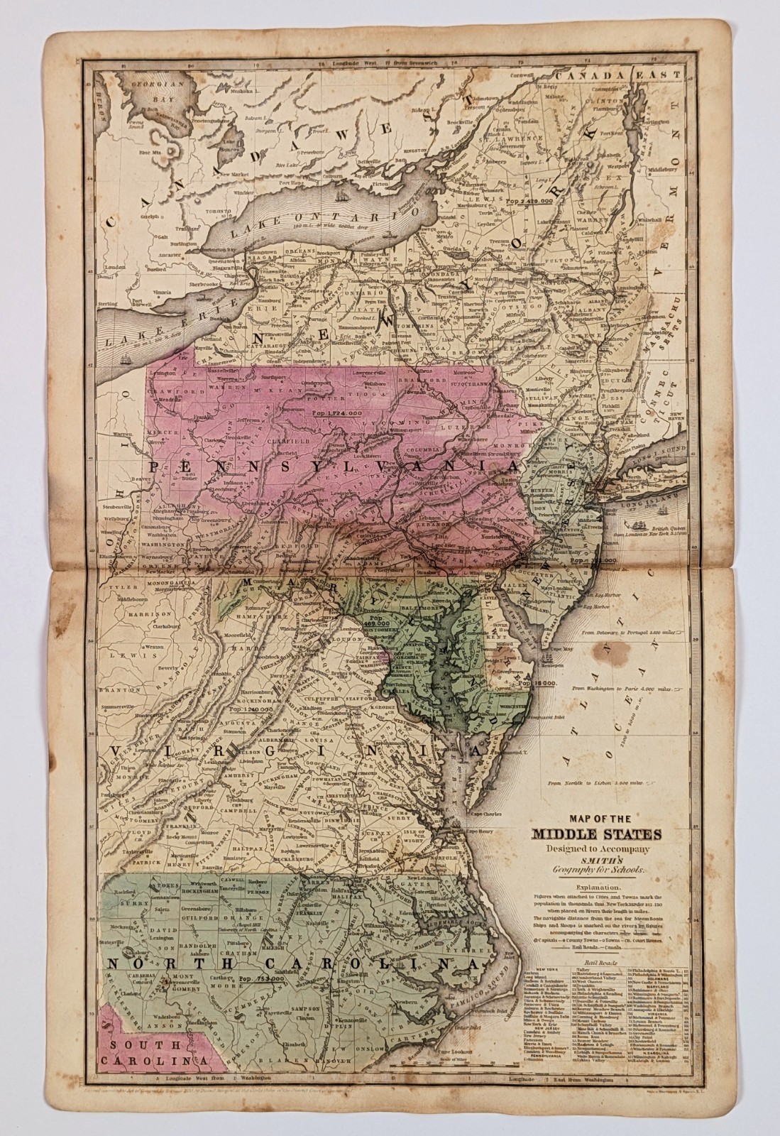 1844 Map Atlantic States ORIGINAL VIRGINIA NORTH CAROLINA NEW JERSEY Maryland