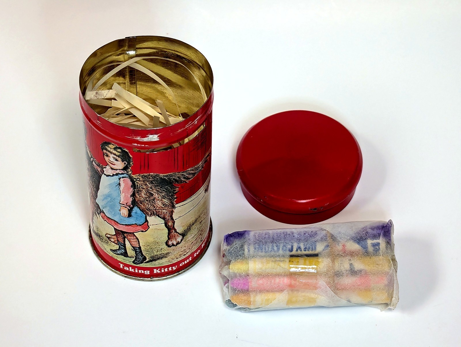 Vintage Old Fashioned Crayon Container & Bank Tin Borgfeldt w/ Crayons