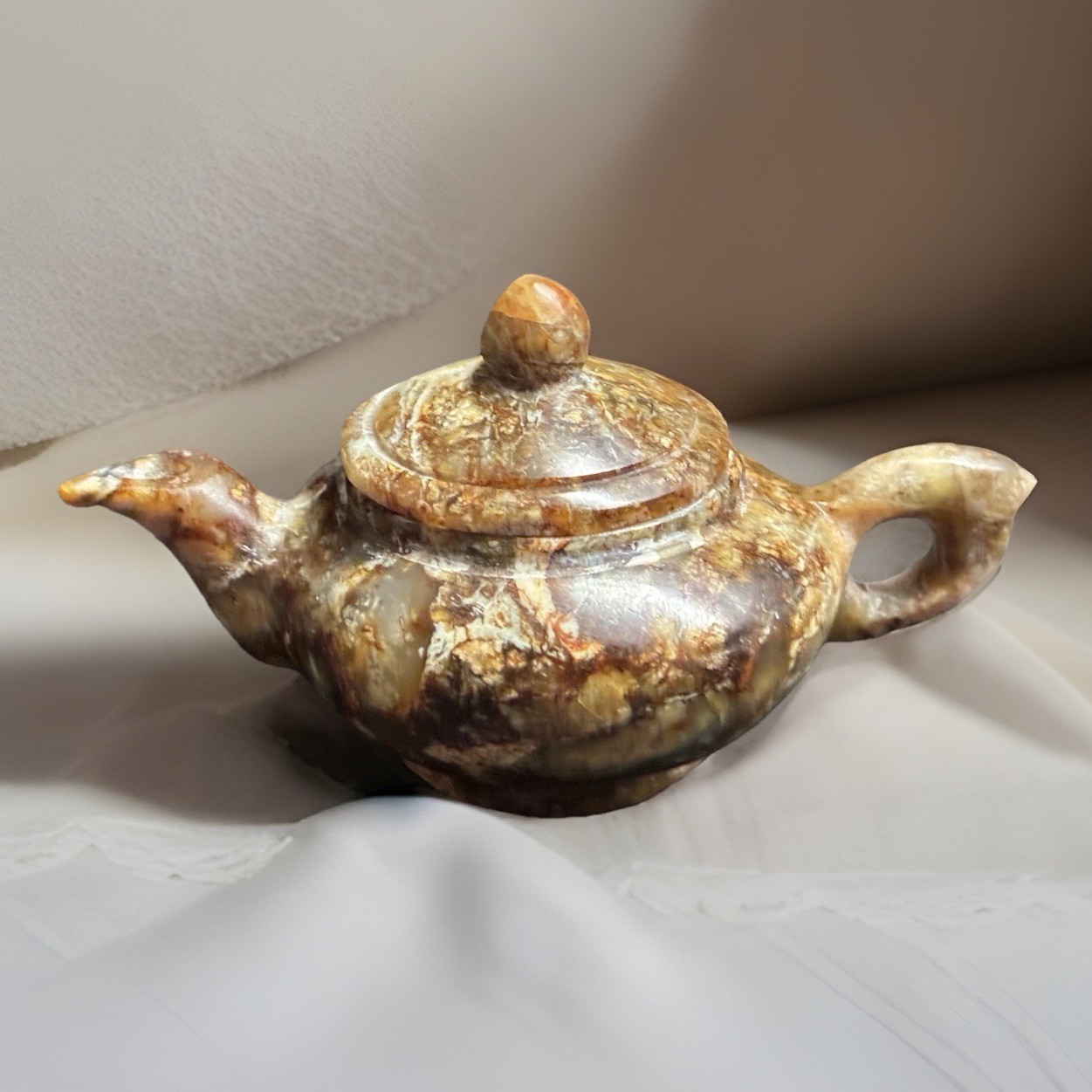 VTG 3.5” Teapot-Brown & Gray Soapstone~Miniature Hand-Carved Perfection!