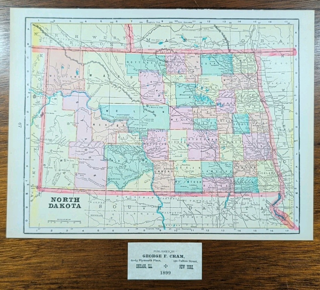 Vintage 1899 NORTH DAKOTA Map 14″x11″ Old Antique Original BISMARCK FARGO MINOT