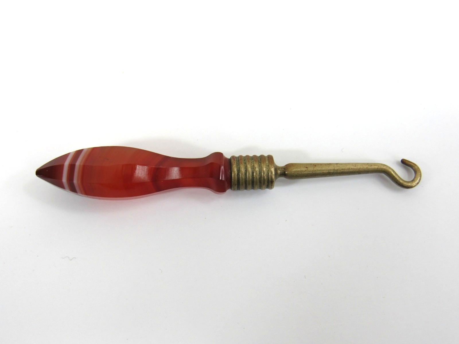 Small Antique Victorian Button Hook Glove Hook w/ Banded Agate Handle