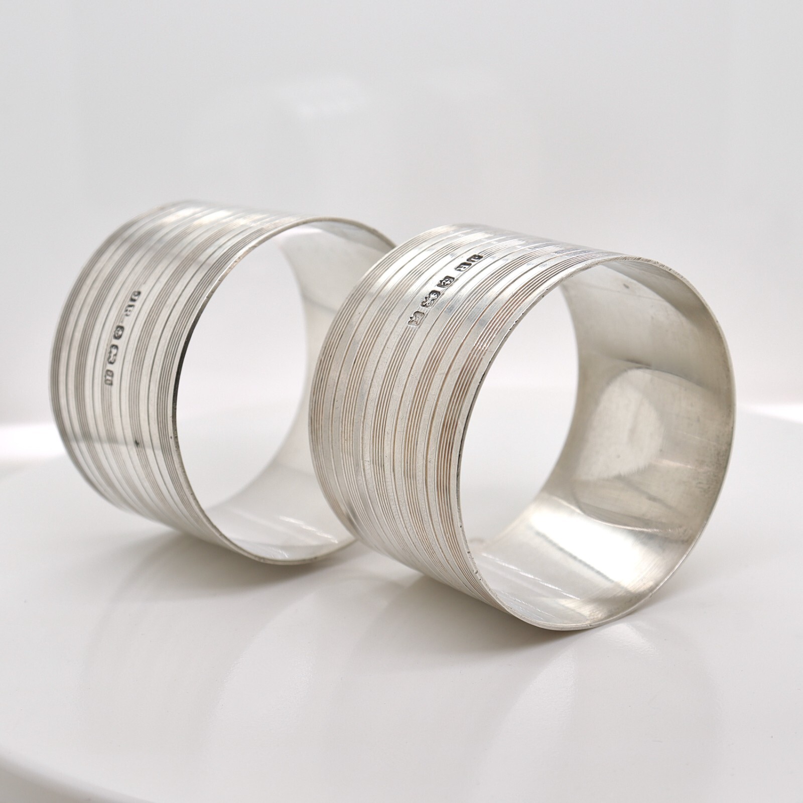 Pair Midcentury English Engine Turned Sterling Silver Napkin Rings by John Rose