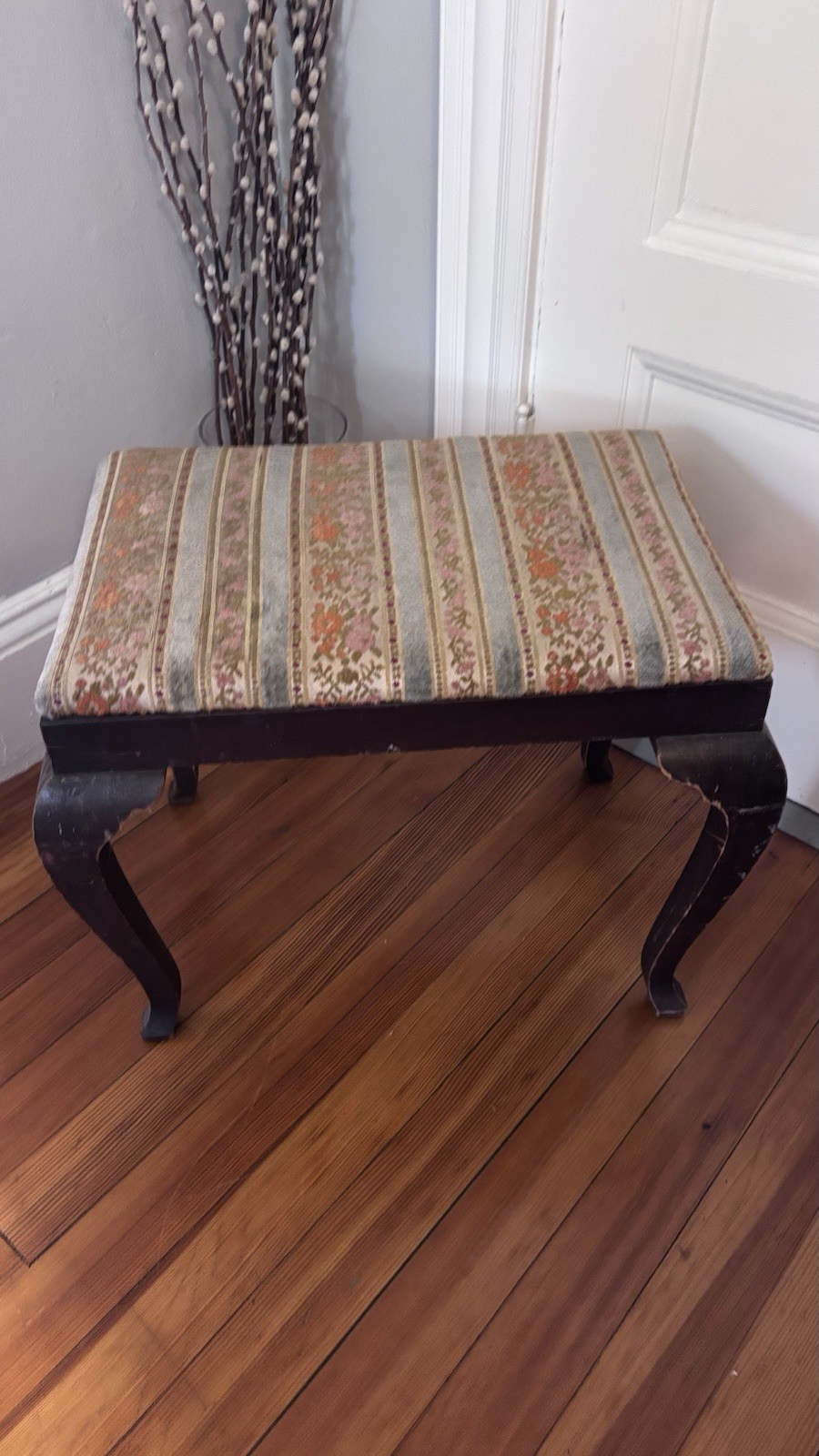 Antique Wooden Rectangular Footstool Striped Upholstered Top Carved Details
