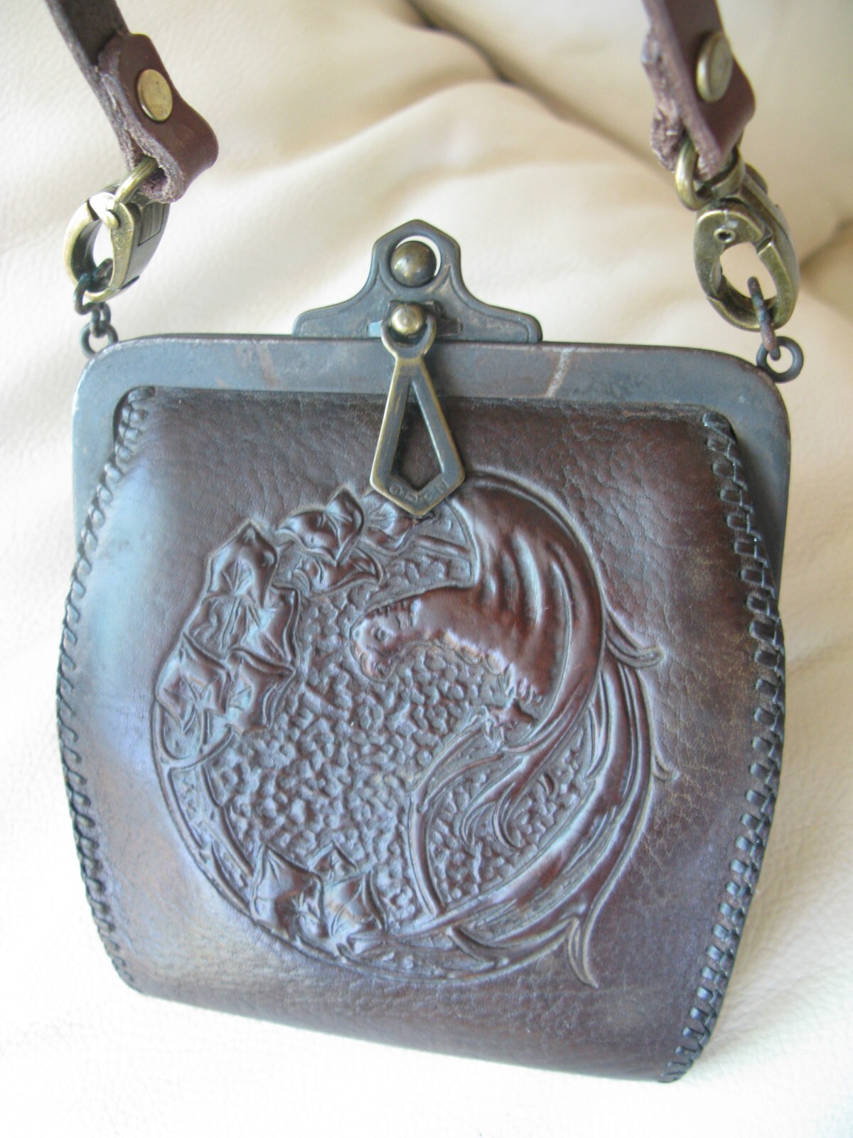 Antique Art Nouveau Deco Bird Of Paradise Tooled Brown Leather Purse JEMCO