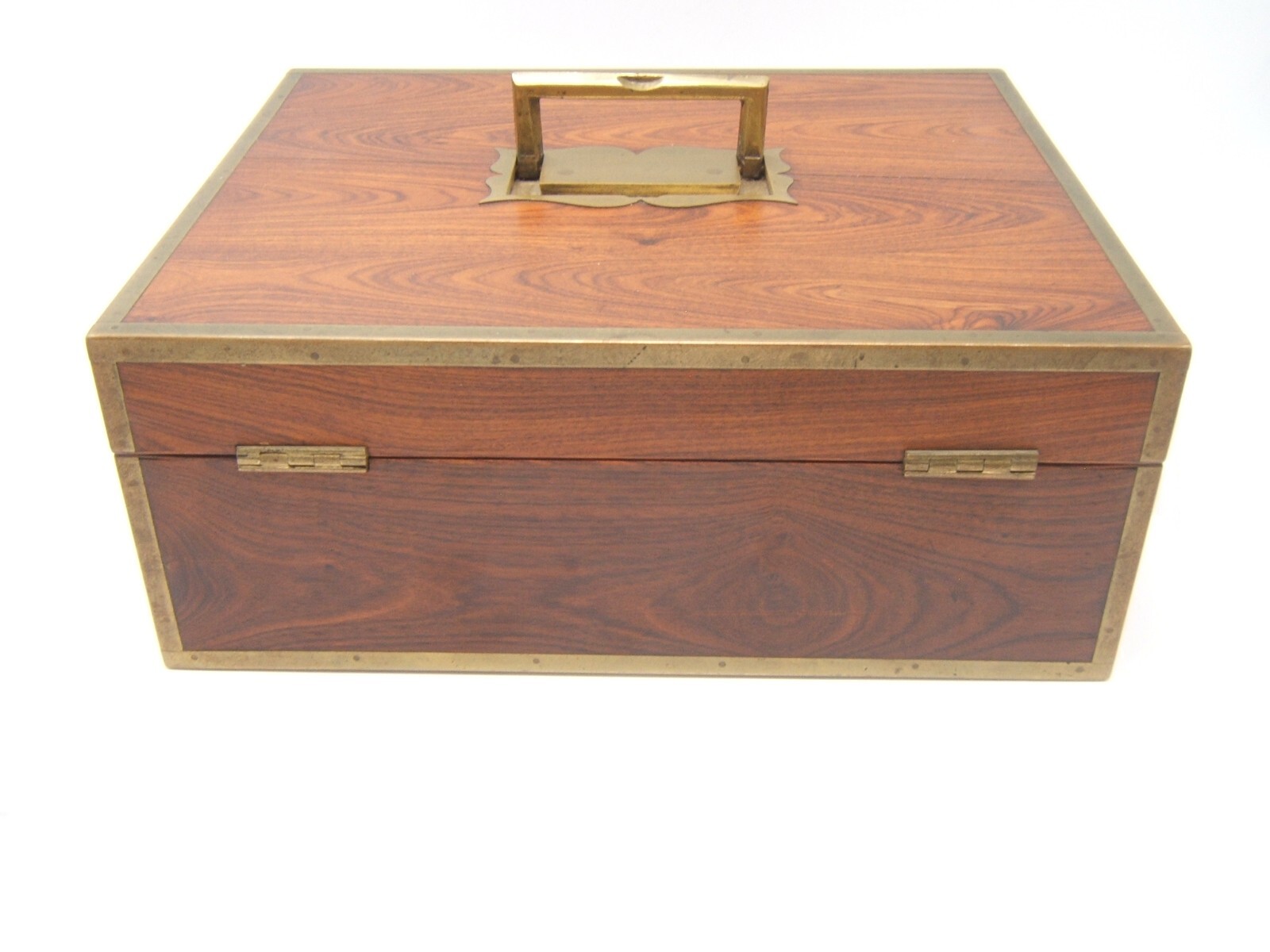 ANTIQUE ENGLISH WOOD BOX FLAMED WOOD BRASS INLAY VGC