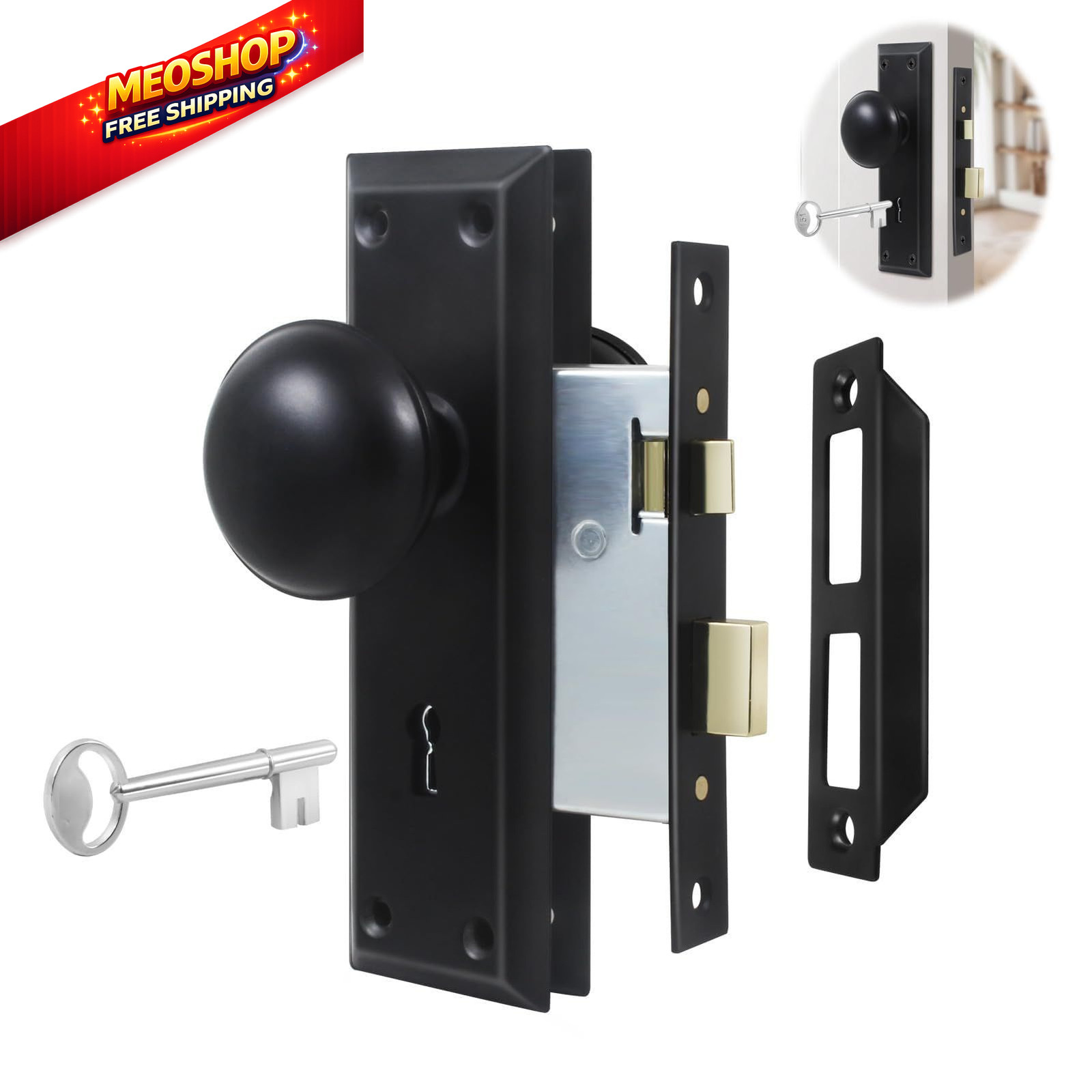 Lubentol 1 Pack Mortise Keyed Lock Set with Classic Bronze Knob – Matte Black