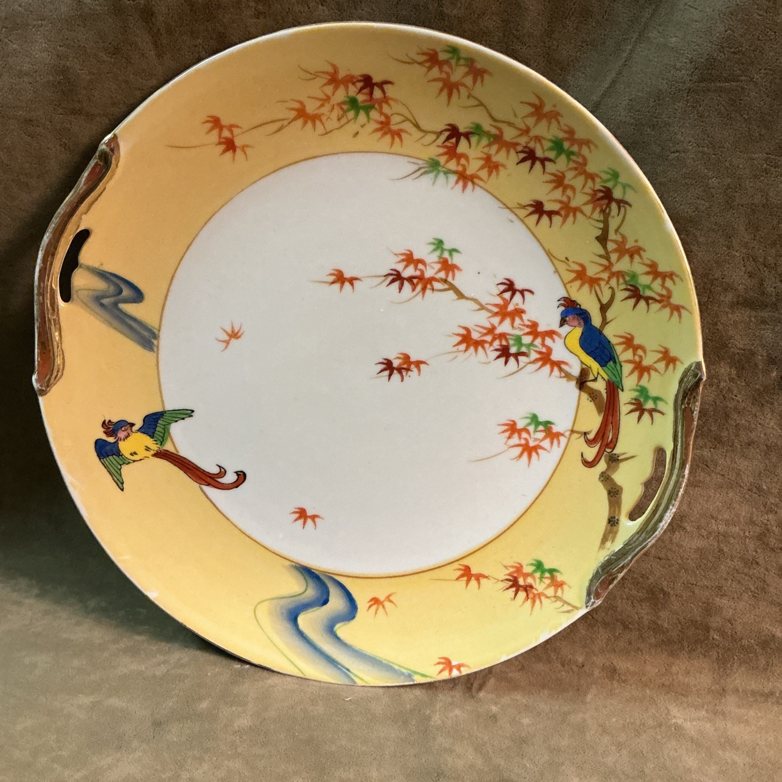 Vintage 1920s pheasant maple tree hand painted porcelain Japan cake plate