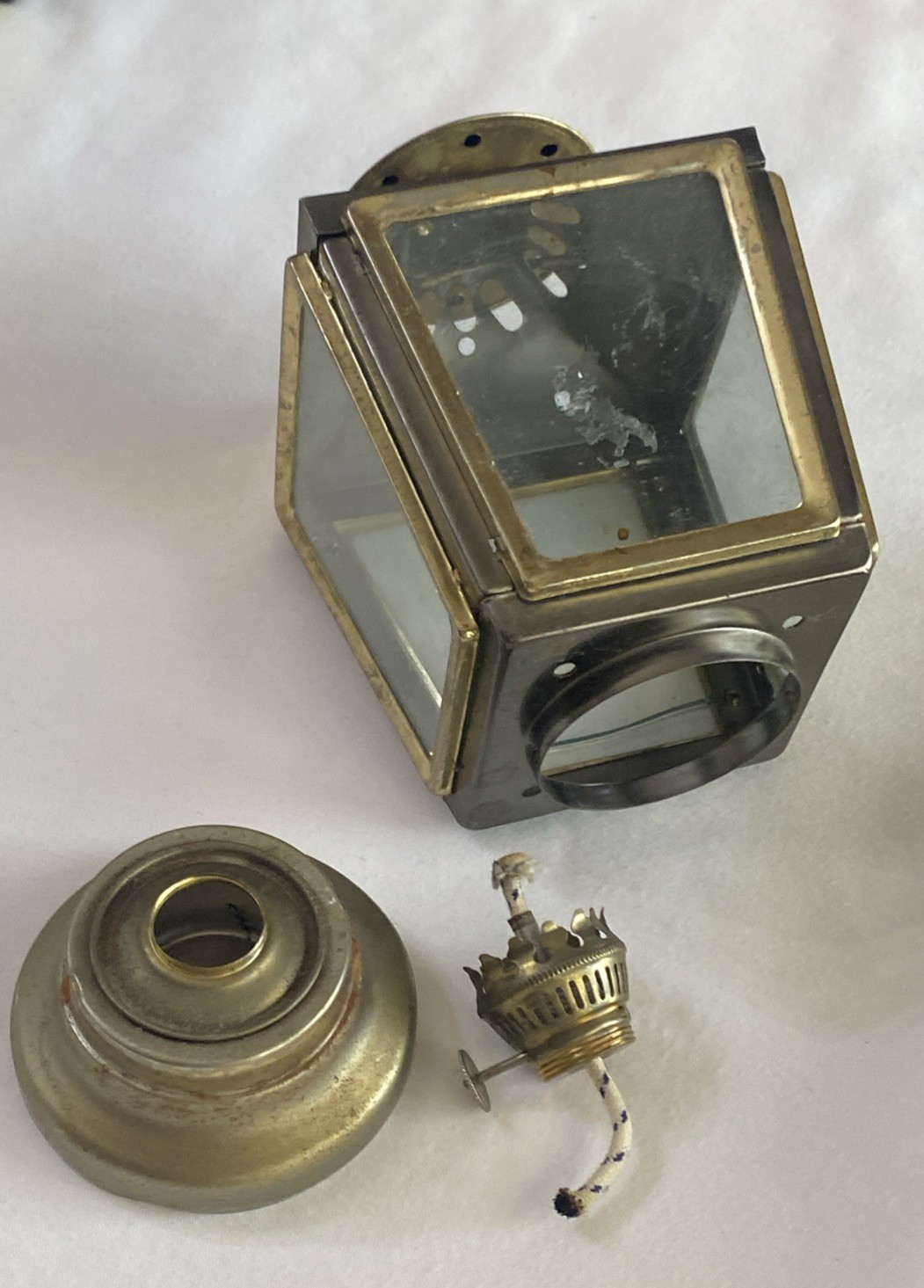 Vintage Kerosene Lamp Maritime Oil Lantern Four Glass Panels Brass Frame Works