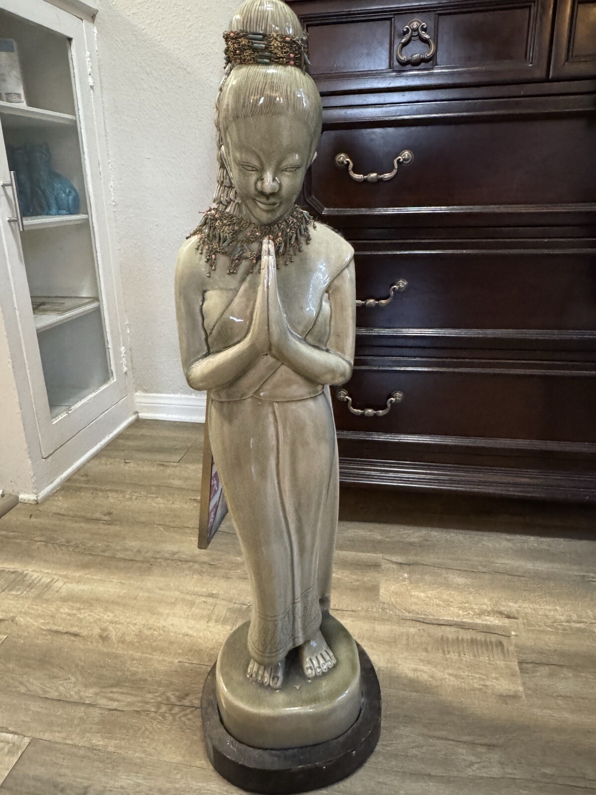 Beautiful Korean Celadon Glazed Porcelain Standing Woman Figure 31 1/2”