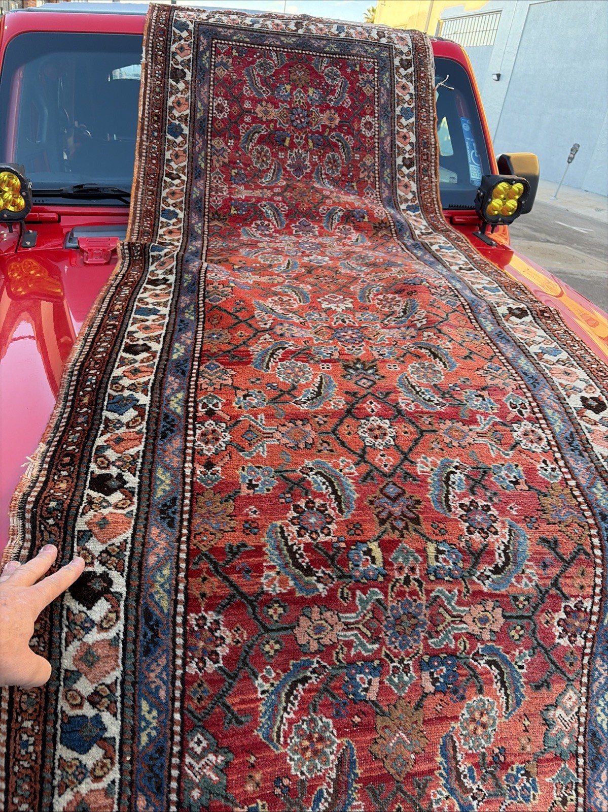 Auth: 19th C Runner Rare Herize Trans Caucasian Wool Beauty Sunset Red 3×14