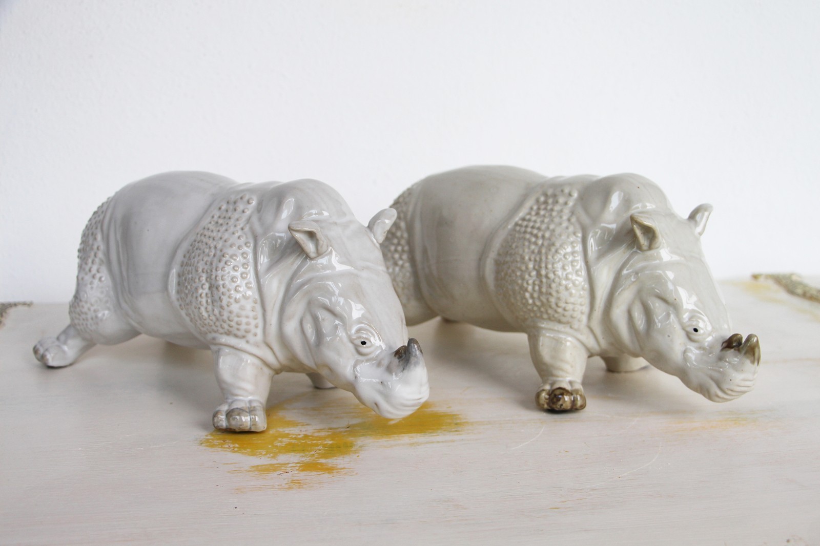 A Large French Pair of Rhinoceros Figurines, Glazed Earthenware