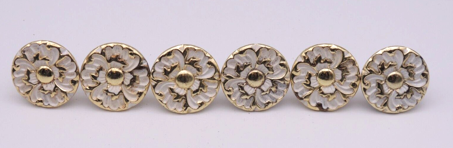 Vintage Set 6 MCM French Provincial Drawer Knob Pull Brass White JB 1.5″ Jay Bee