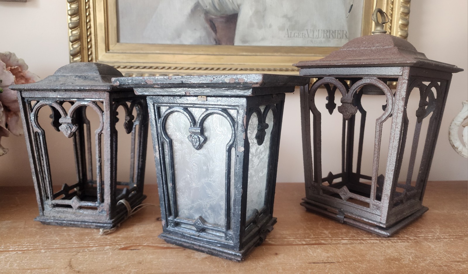Lot Of 3 Antique Cast Iron Lightolier Pendant Lanterns For Parts Or Restoration