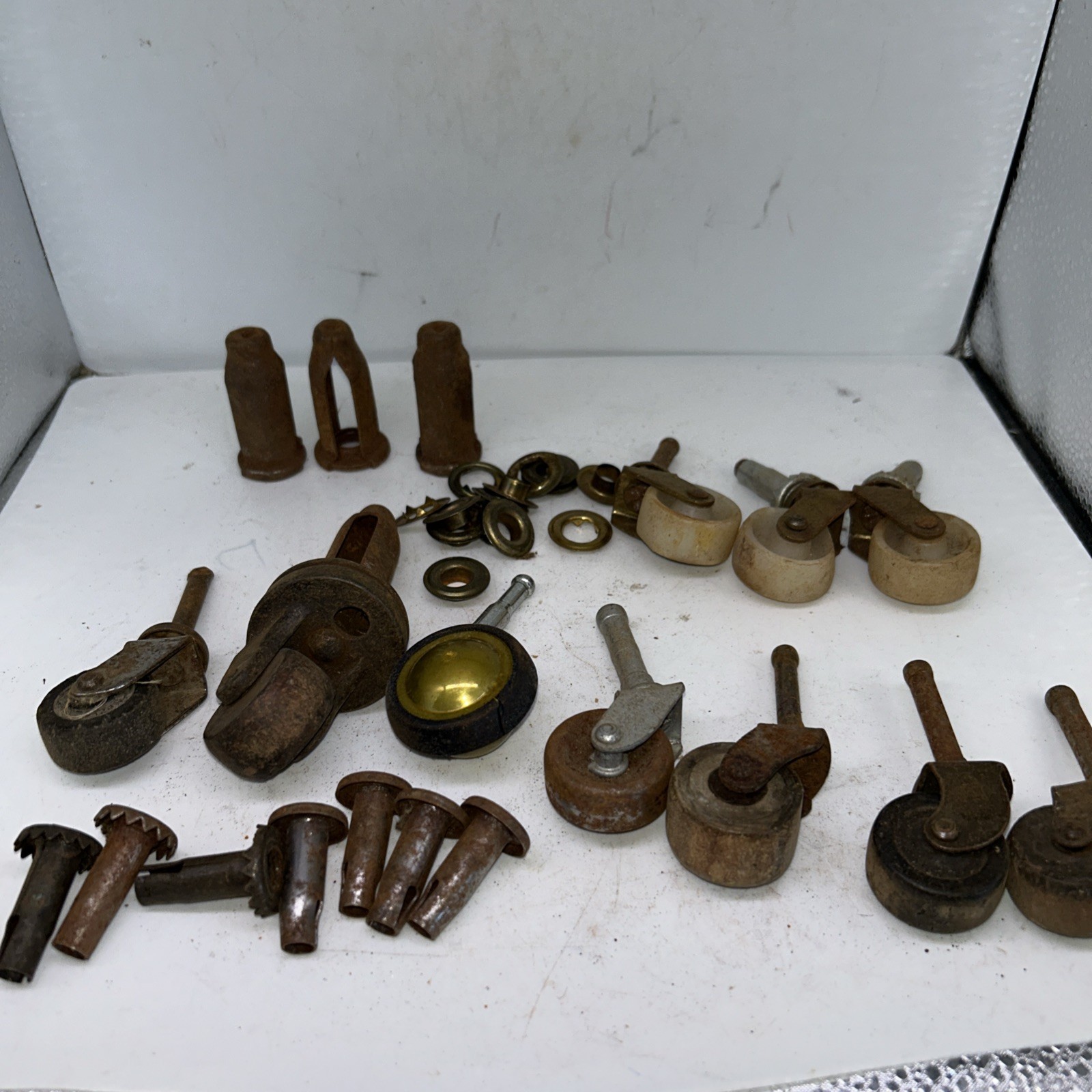 Mixed Lot Antique Iron Bed Rollers Casters Or Furniture Wheels And Parts
