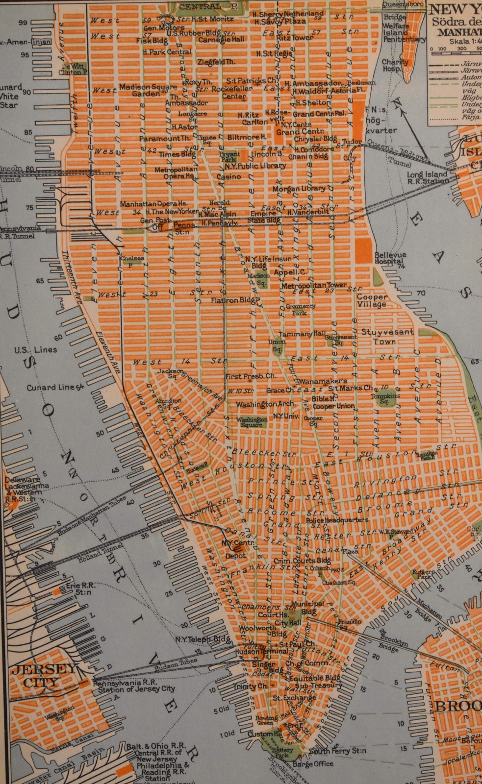 Map of New York City ‘New York II’ Swedish Encyclopedia Plate 1950s Forlagshuset