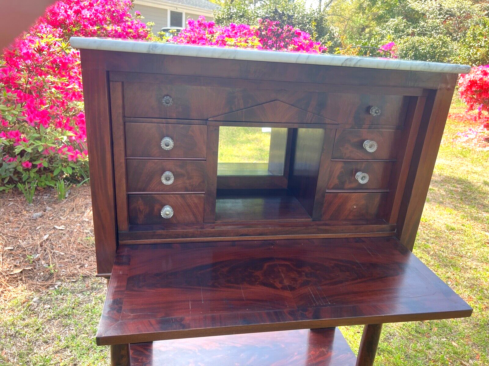 ANTIQUE MAHOGANY MARBLE TOP CABINET CHEST DRAWERS PILASTERS MIRROR ALCOVE DESK