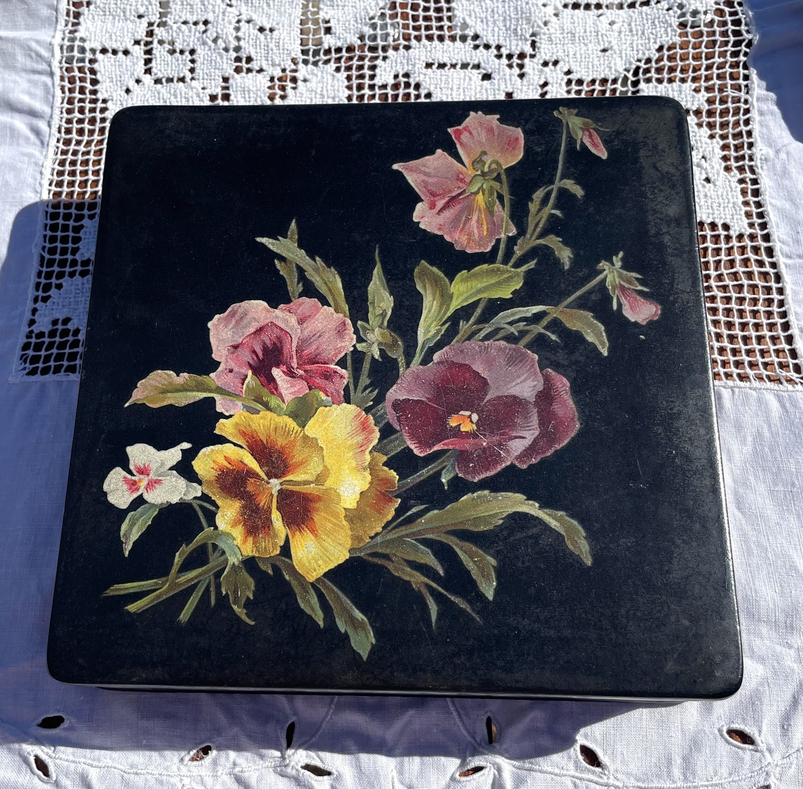 Antique Victorian Hand Painted Lacquered Papier Mache Square Box with Pansies