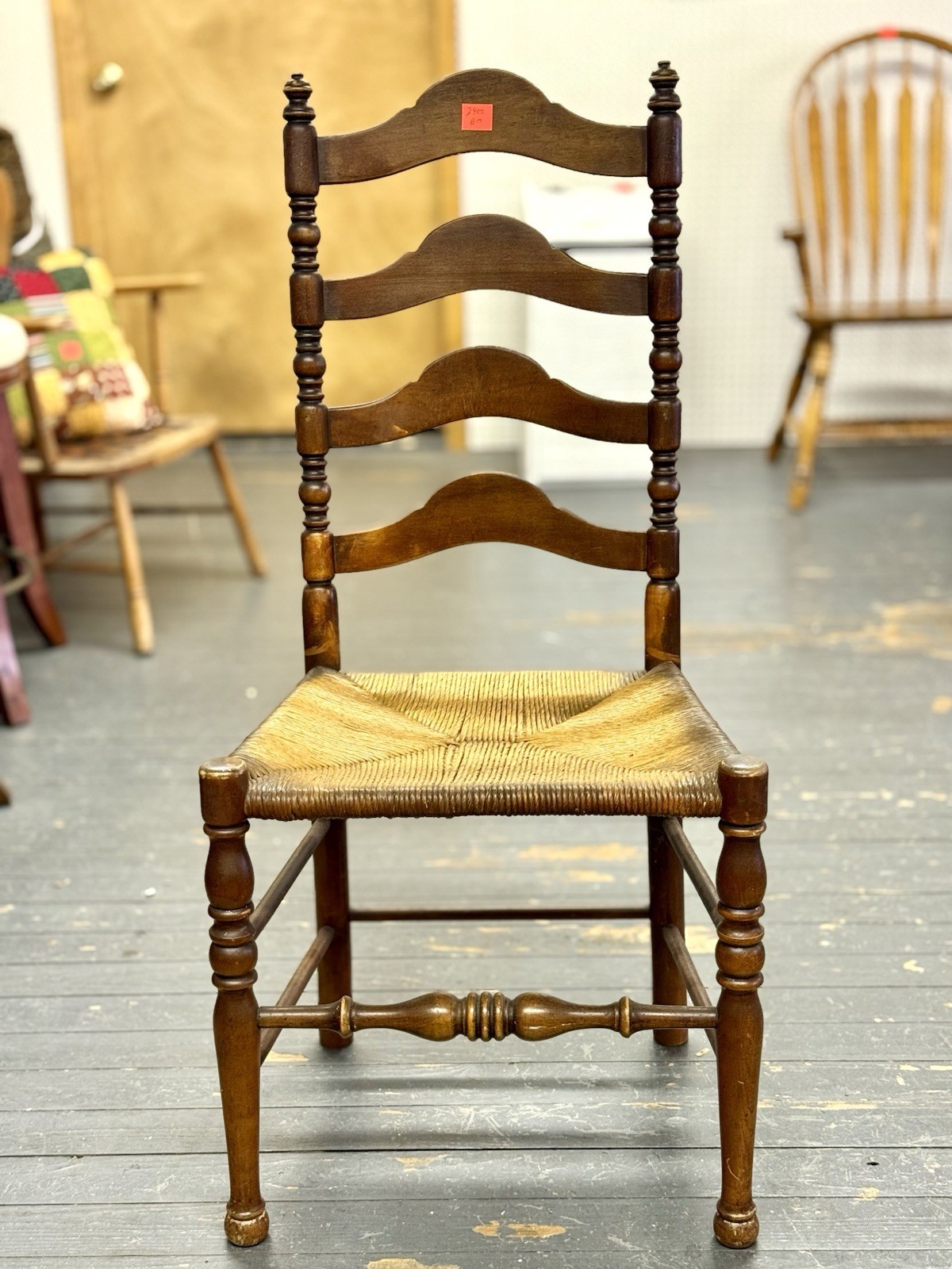 Early 1900s Antique High Ladder Back Woven Rush Seat Chair Farmhouse Vintage