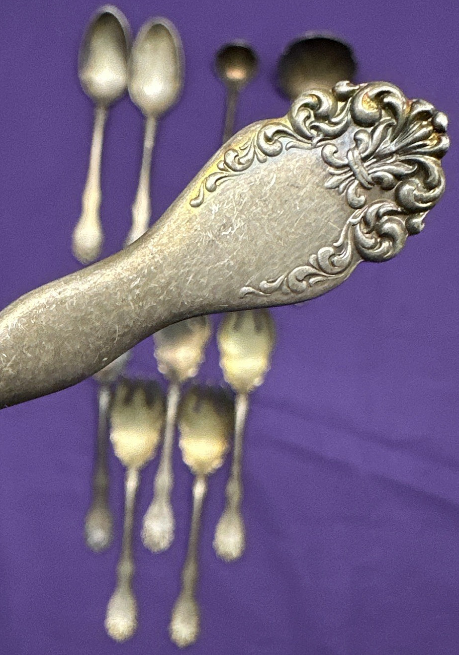 10 Pc 1899 ANJOU Silverplated SPOONS LADLES & ICE CREAM SPORKSby 1835 R Wallace