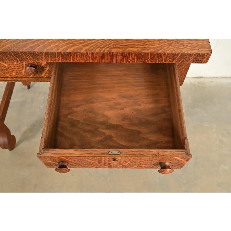 Antique American Empire Tiger Oak Vanity Dressing Table With Mirror, Circa 1900