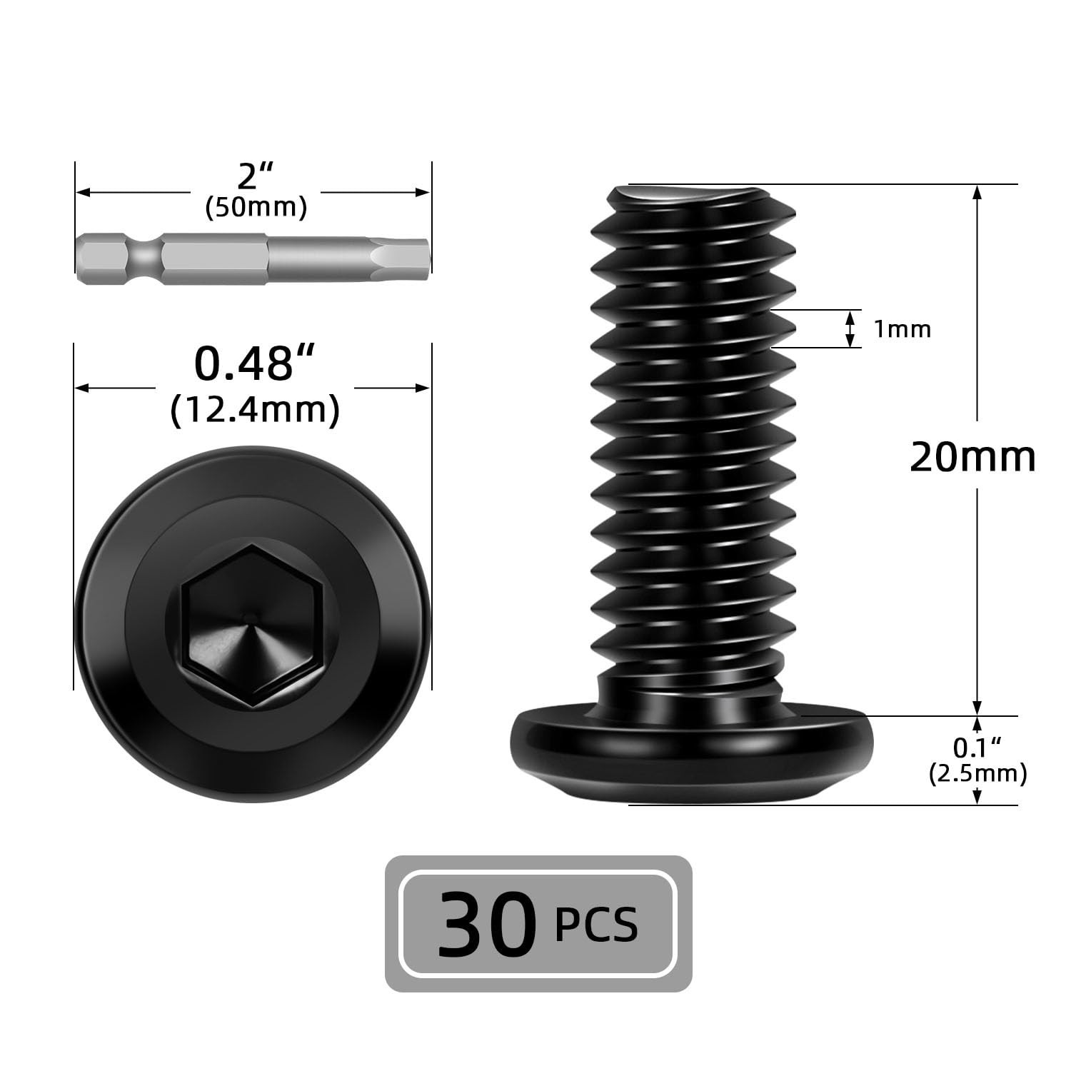 30 PCS M6 x 20mm Flat Head Socket Cap Screws Bolts, Flat Round Head Furniture…