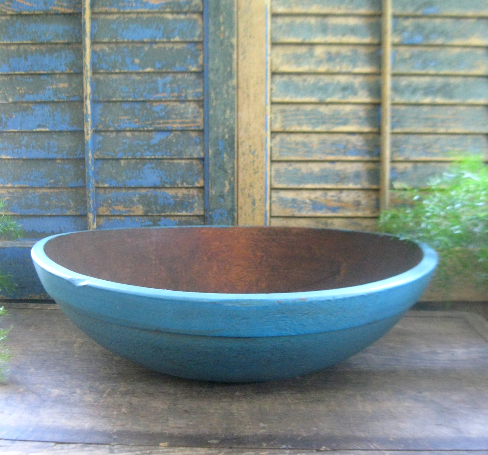 Very Large Antique Wood Dough Bowl w Wide Rim Teal Blue Milk Paint 17-1/4″