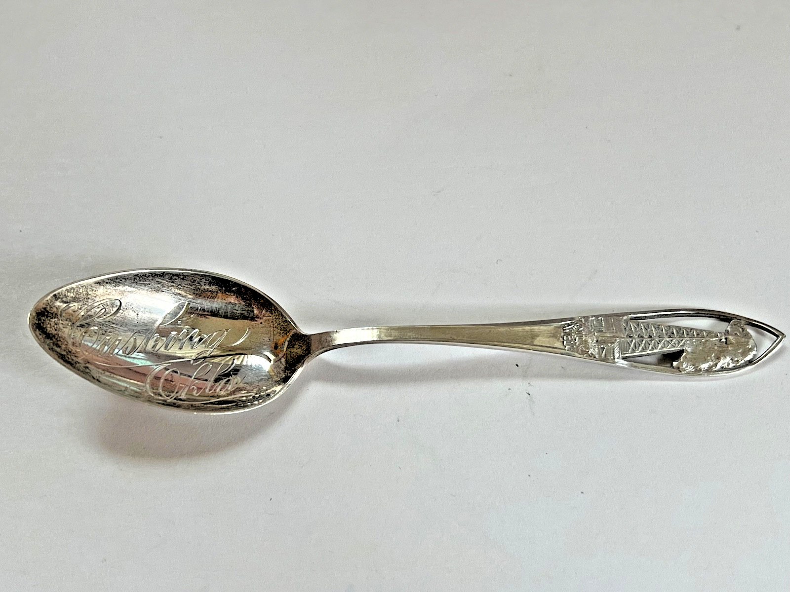 Antique STERLING Silver SOUVENIR SPOON Cushing OKLAHOMA Oil Well -5 1/2″ 18grams