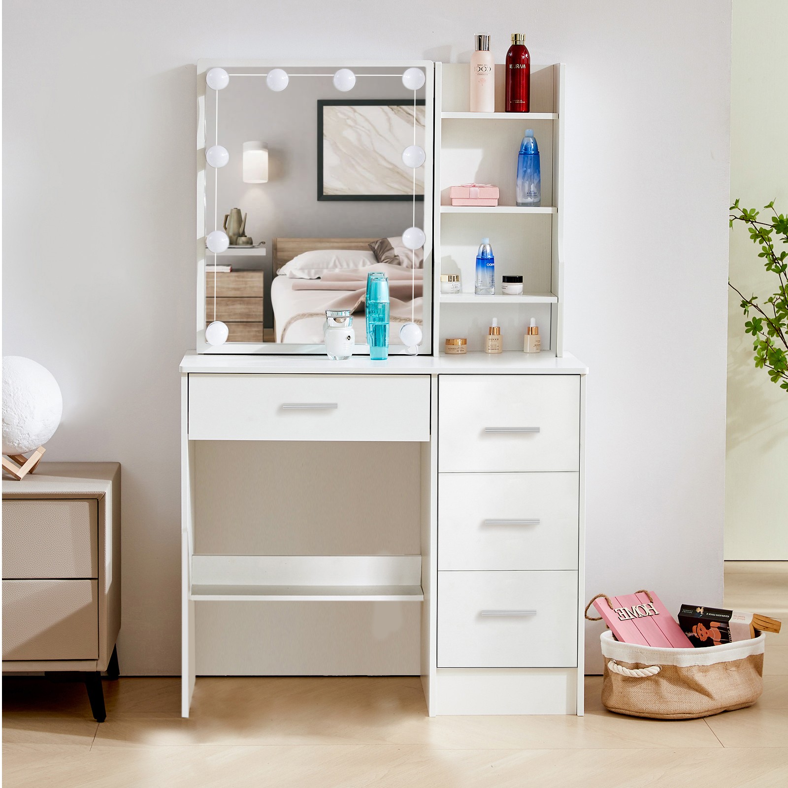 Dressing Table Vanity Makeup Desk with Side Storage Cabinet LED Lights Mirror