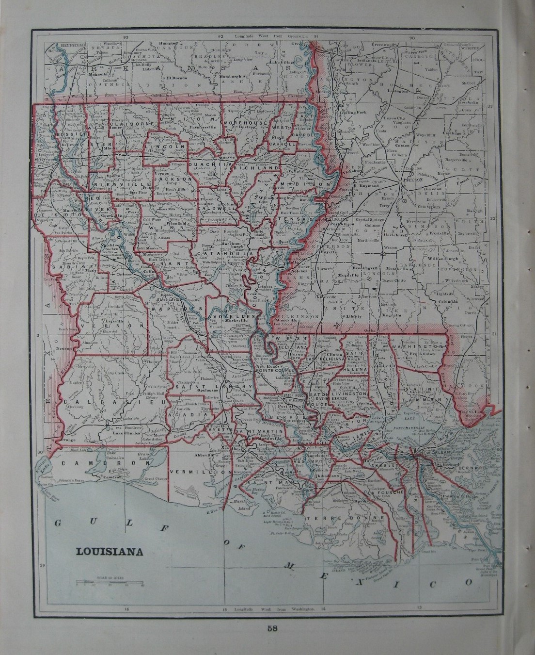 Original 1891 Parish Map LOUISIANA Baton Rouge Shreveport Houma Lake Charles