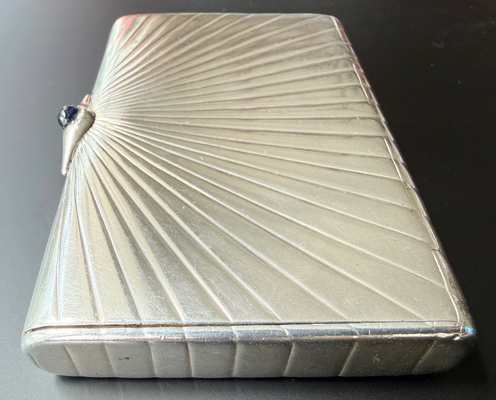 30s 40s SOVIET Russia 875 SILVER Cigarette Case SUNBURST Art Deco SAPPHIRE 201 g