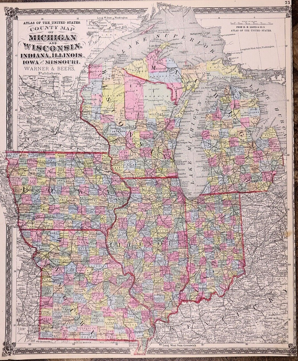 1870 H.H. Lloyd Map ~ MICHIGAN, WISCONSIN, MISSOURI, INDIANA, IOWA (15×18)-#028