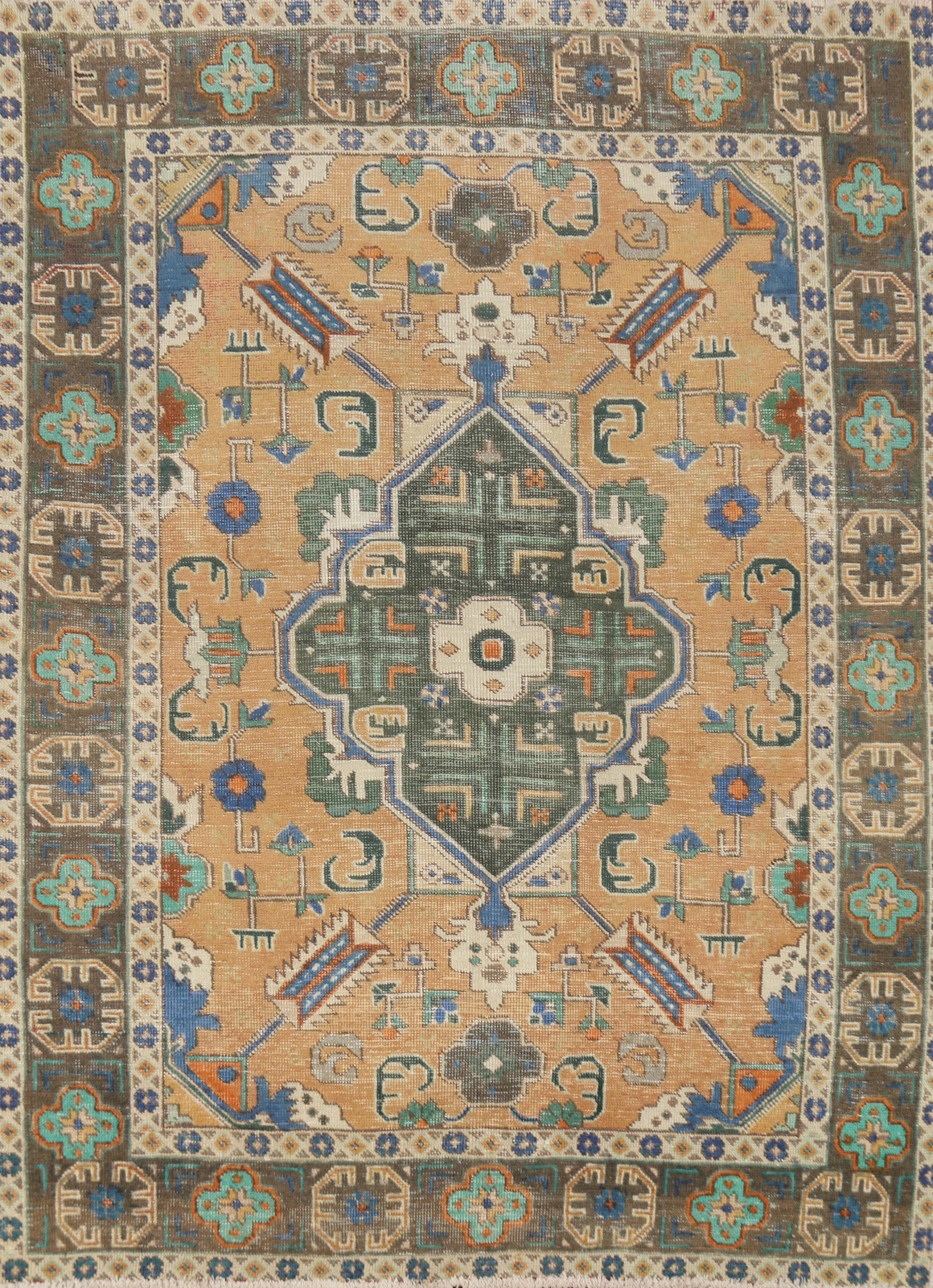 Geometric Over-Dyed Peach/ Green Wool Hand-knotted Rug Vintage Carpet 5×6