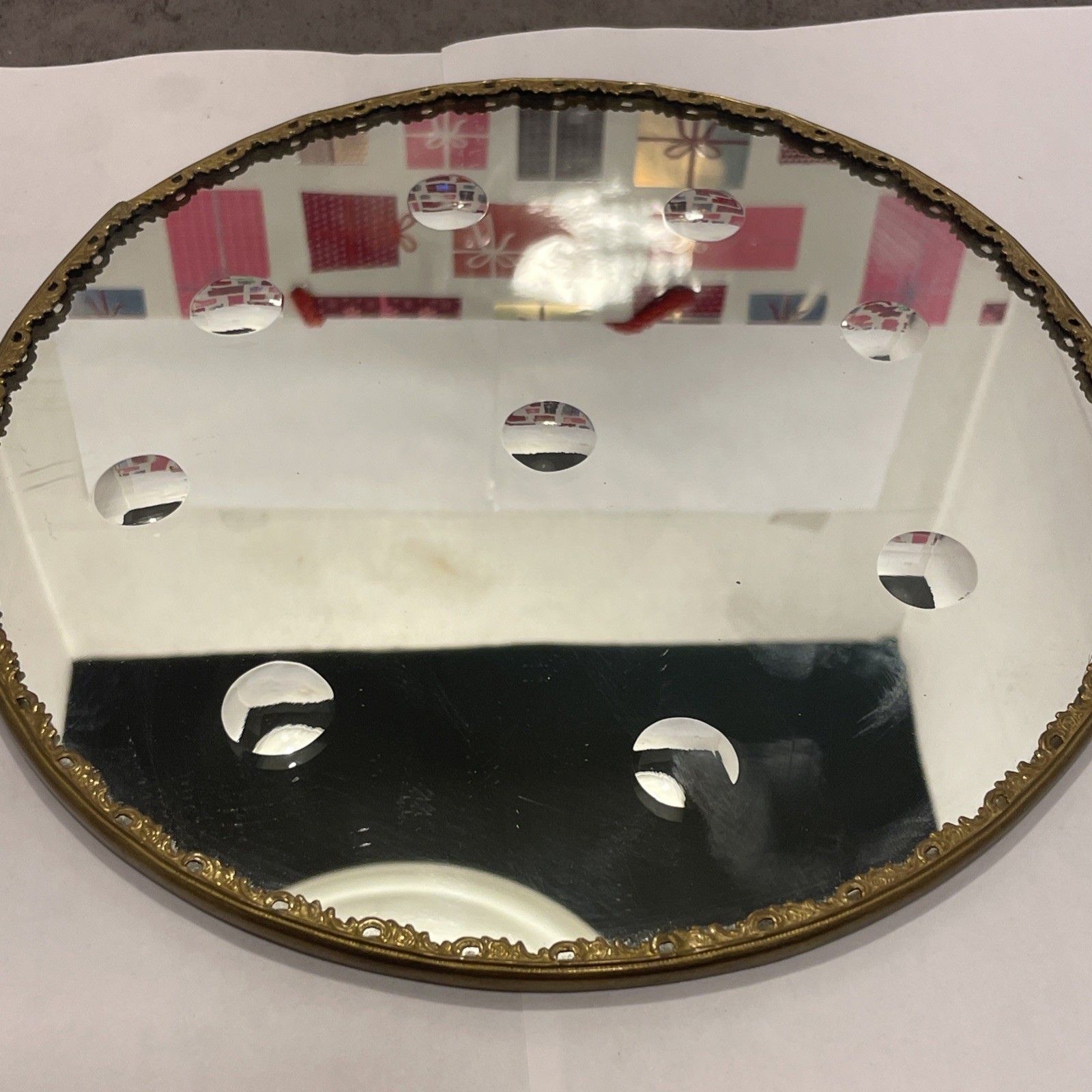 VTG Circular DimpleMagiscope Reverse Cut Optics Filigree Copper Glass Mirror. 9”