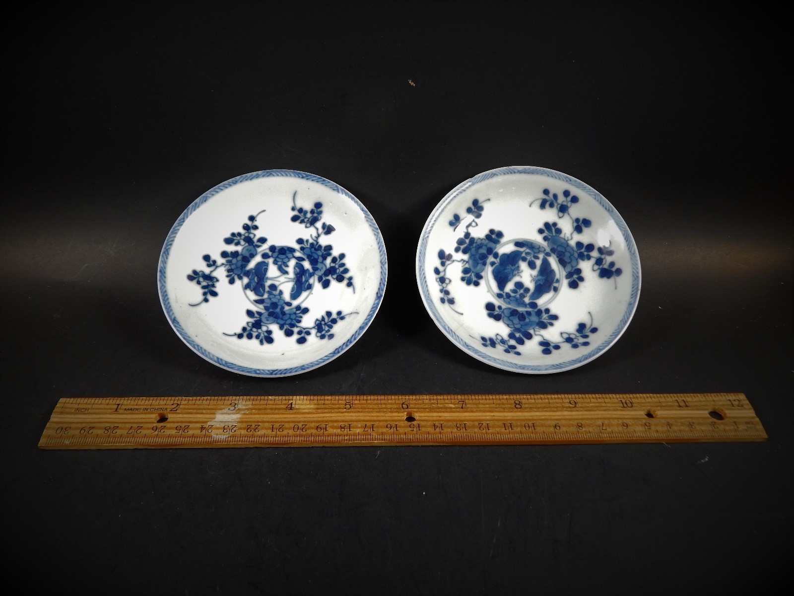 Pair 18th C Chinese Export Blue and Batavia Brown Saucer Dishes Yongzheng 1725