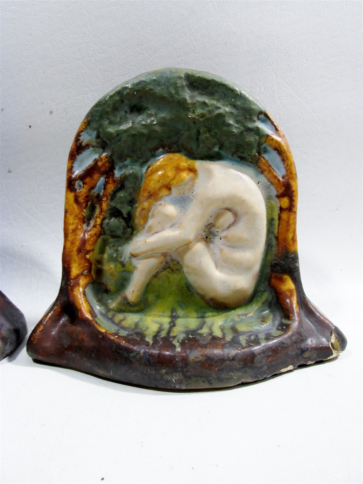 Antique American Arts & Crafts Pottery Nude Bookends Architectural Faience