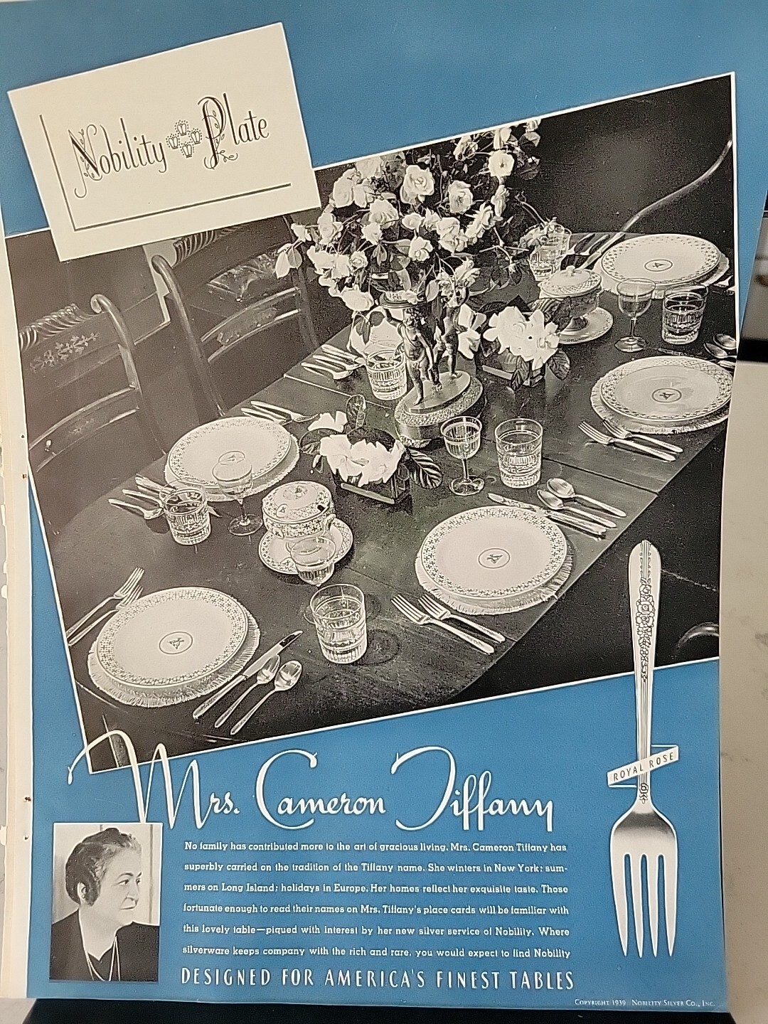 1934 Nobility Plate Royal Rose fork silverware Mrs. Cameron Tiffany vintage ad