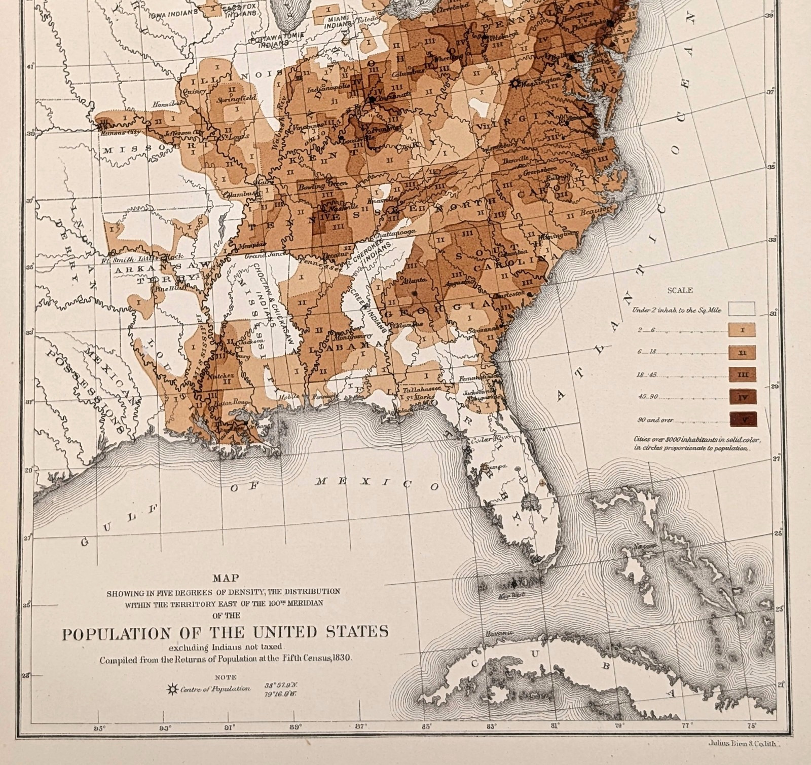 1830 UNITED STATES – POPULATION – FLORIDA TERRITORY Map ORIGINAL 1880