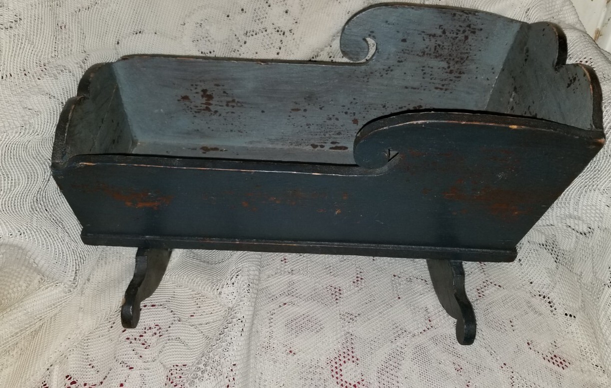 Antique primitive blue painted wood doll cradle 16.75″ L