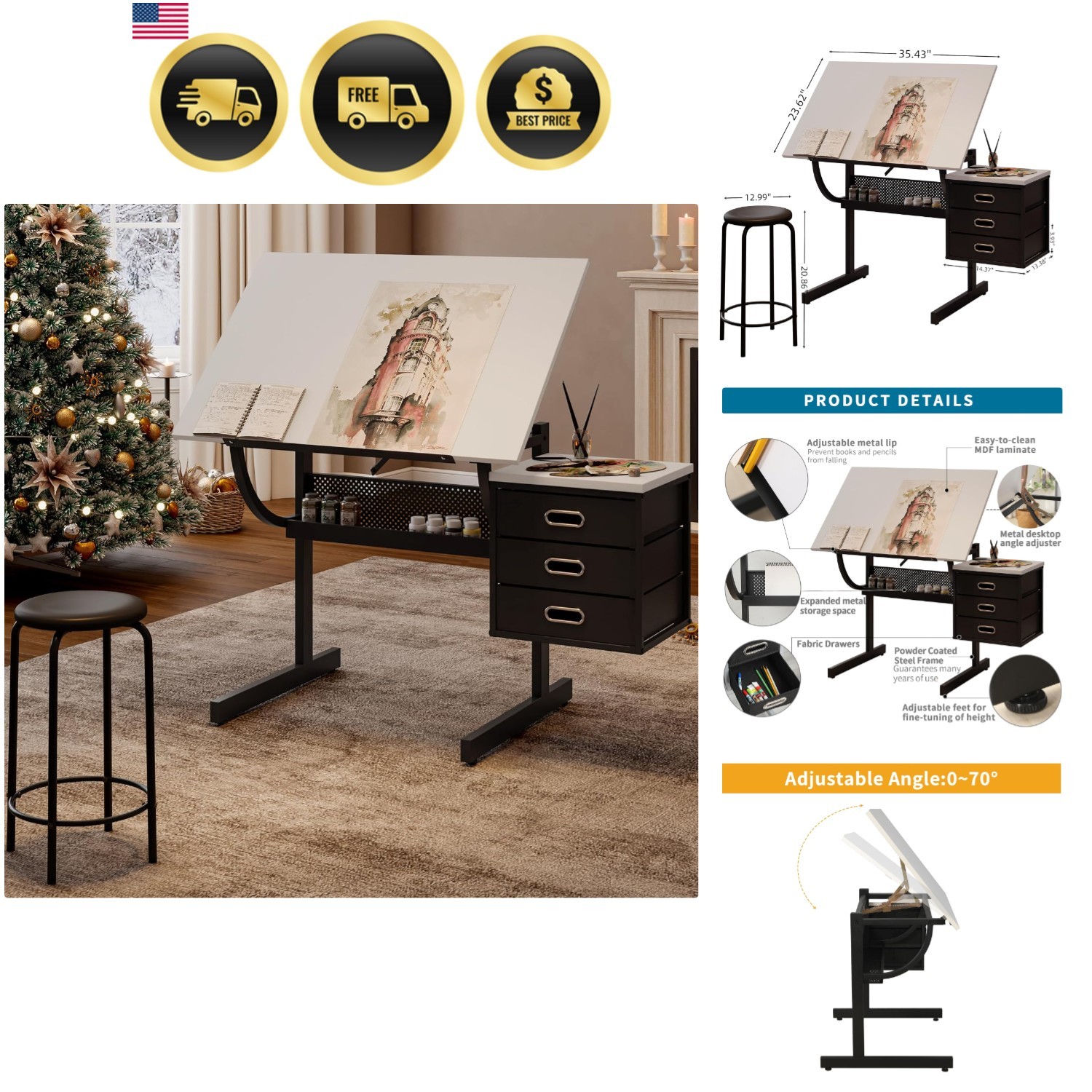 Adjustable Drafting Table with Stool & Storage Art Desk for Drawing Crafting