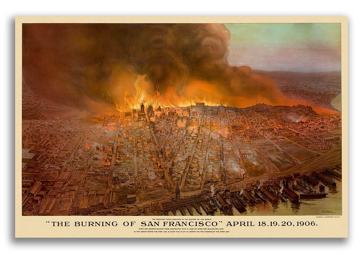 1906 The Burning of San Francisco Vintage Old Panoramic City Map – 16×24
