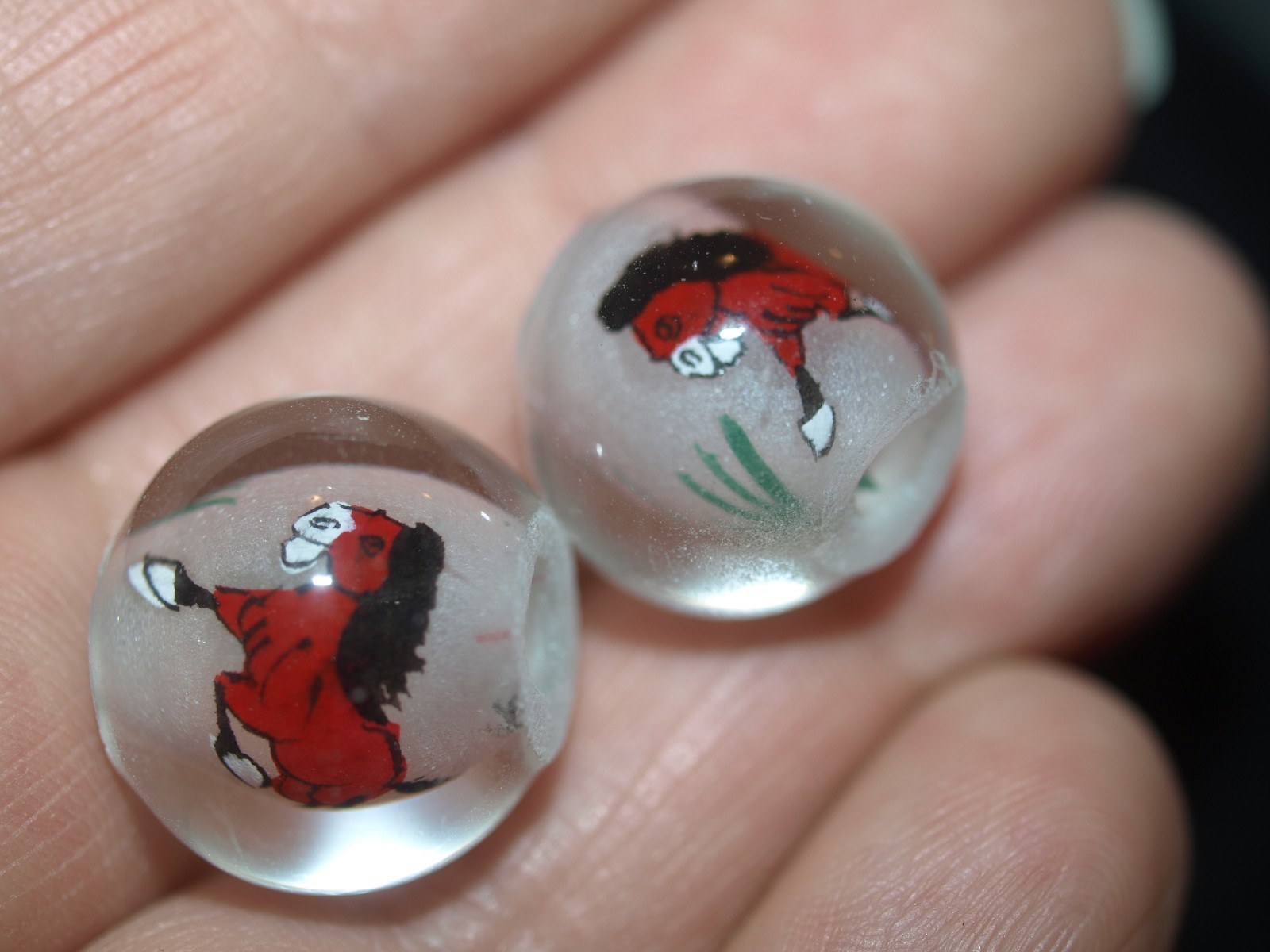Pair of Vintage Chinese Beads Reverse Painted Glass Beads Red Horse 15mm Round