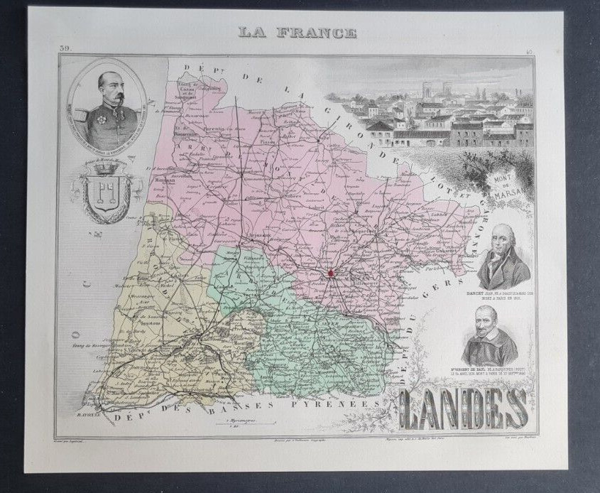Antique (1882) map – Landes – Mont de Marsan – France – Vuillemin