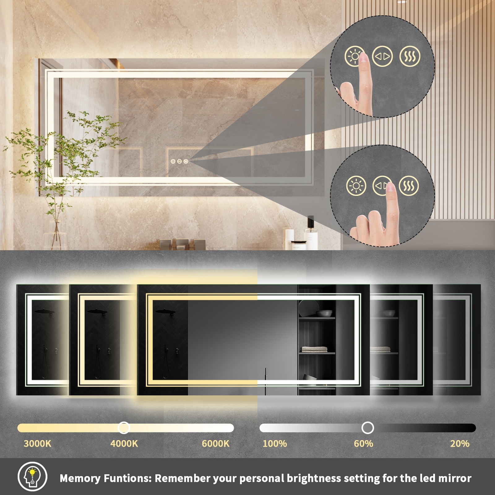 WISFOR Wall Hanging Dimming Vanity Mirror Backlit with 3-Color Lights Demister