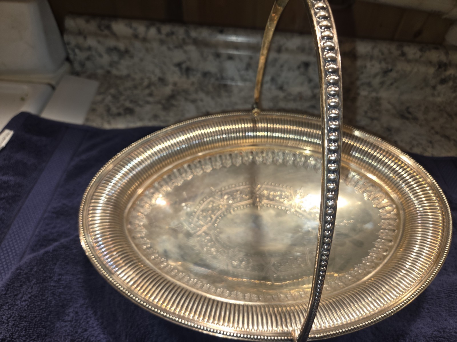 Vintage Oval Silver Plate Basket Pedestal Folding Handle Estate Find Signed